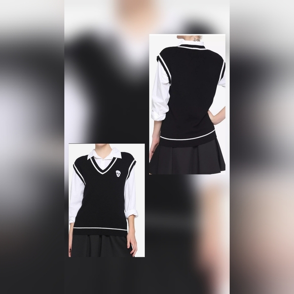Hot Topic Jrs. Size XL Black White Skull Goth Preppy Sweater Vest Sleeveless - Picture 1 of 11